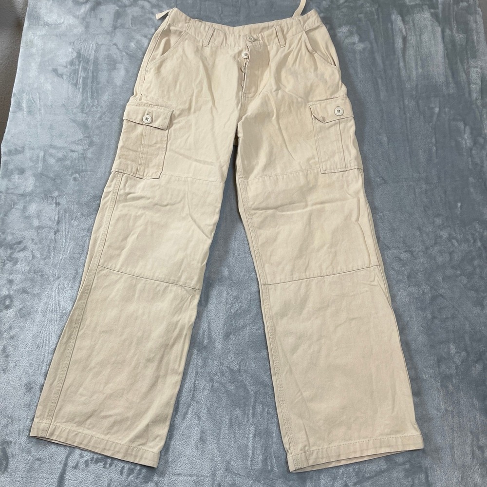 HUF Womens Pants Size Small Tan Khaki Herringbone Wide Leg Cargo Adjustable